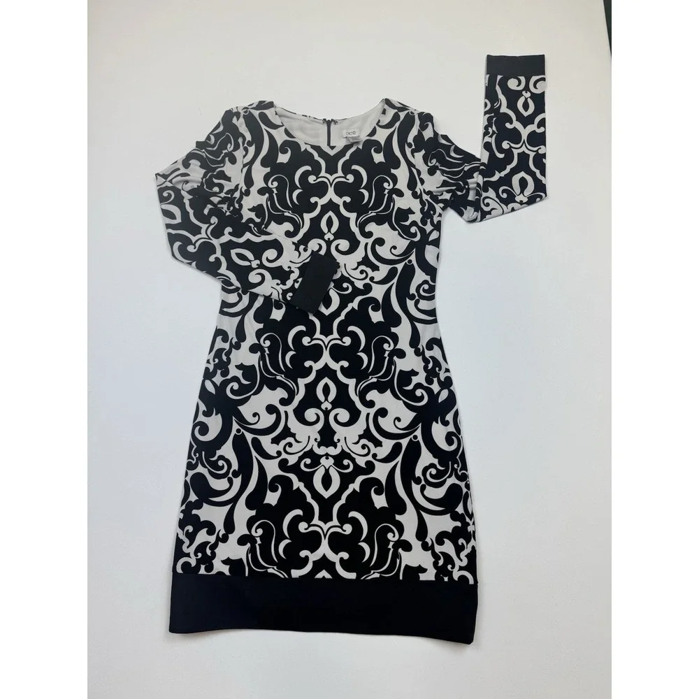 Caché Women's Dress Size 8 Black White Damask Print Sheath Long Sleeve Stretch 8